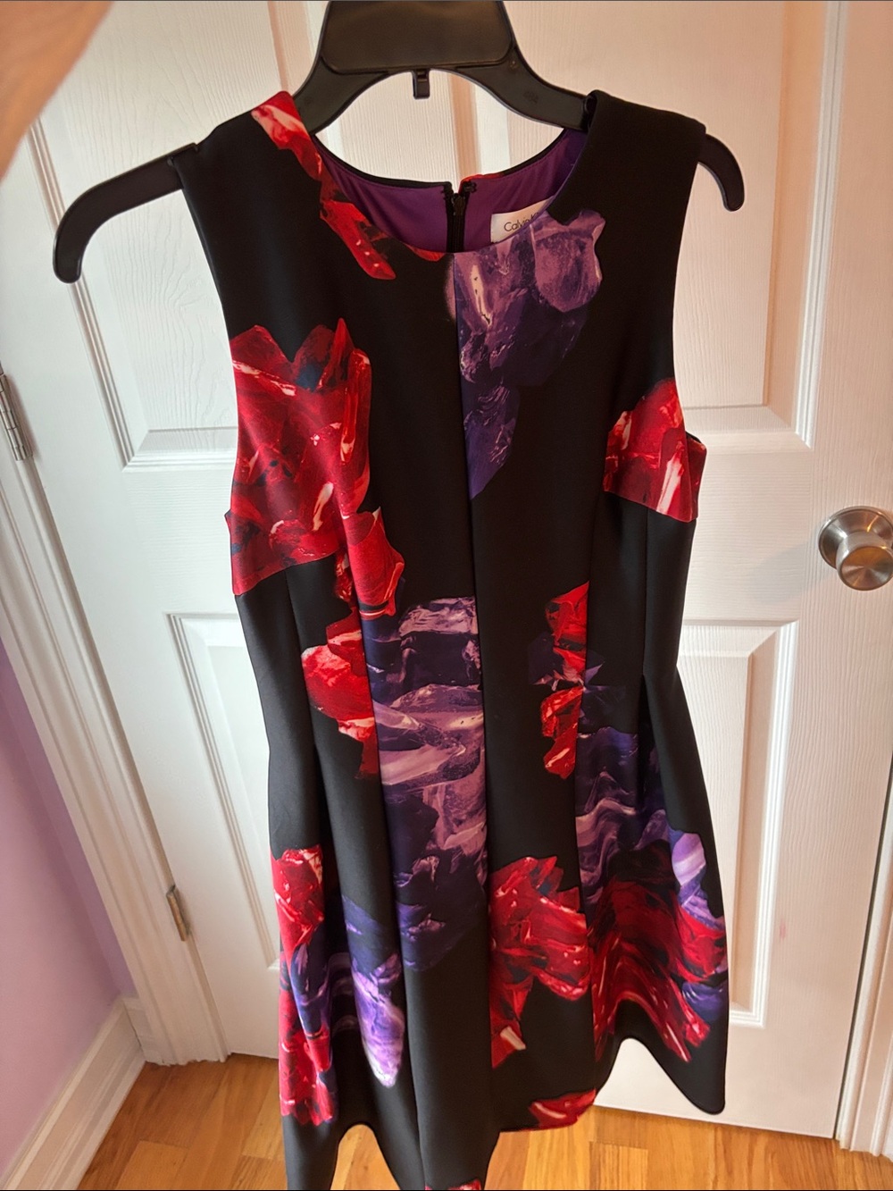 Calvin Klein Black Fit-and-Flare Dress with Red & Purple Floral Print